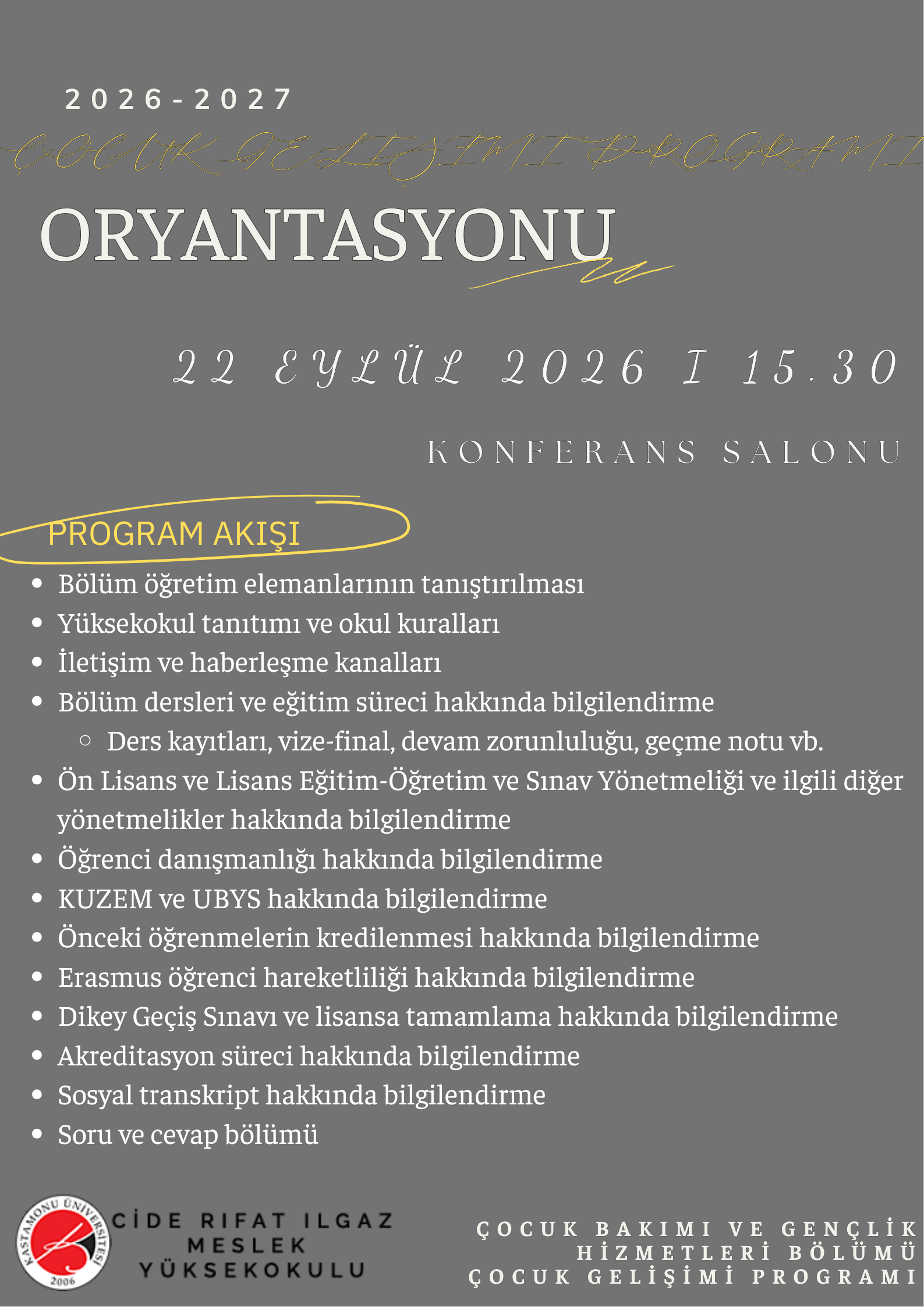 Çocuk Gelişimi Programı 2026-2027 Oryantasyon Programı